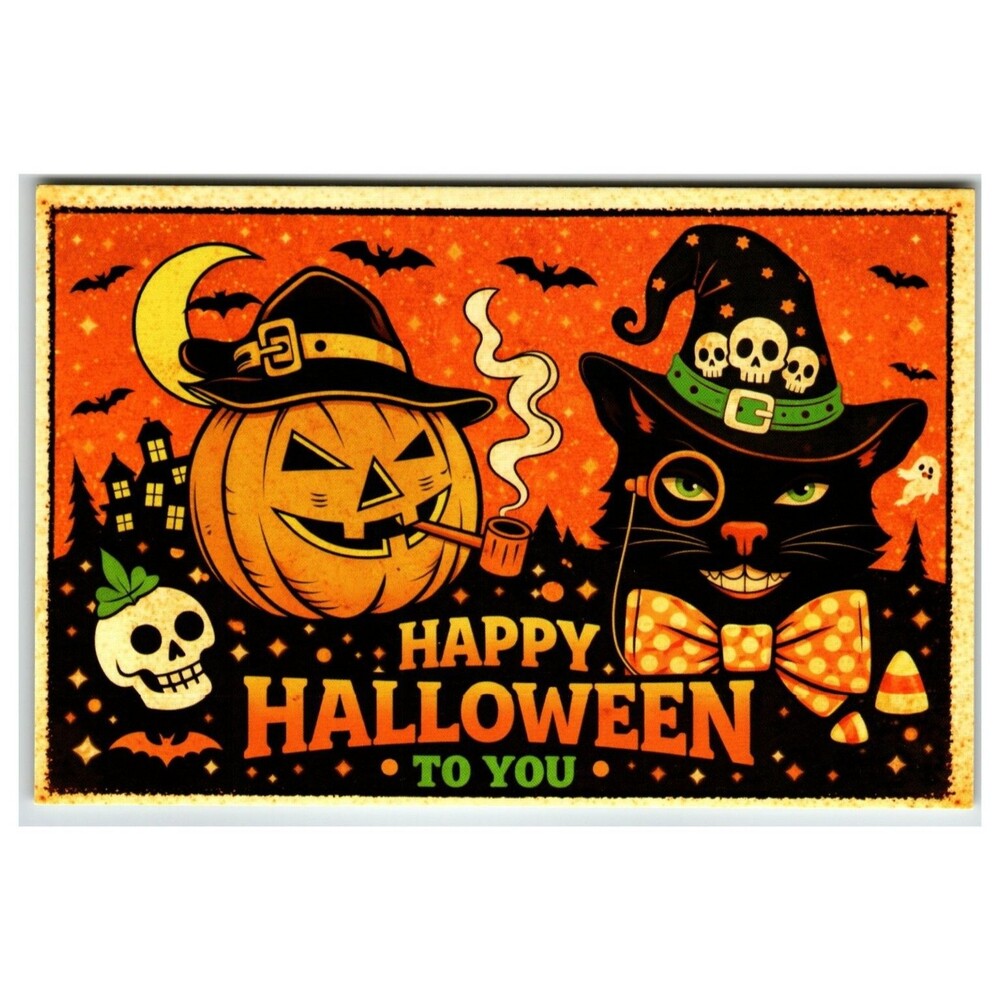 Vintage Style Halloween Postcard Black Cat Jack-O-Lantern Pumpkin Skeleton Moon